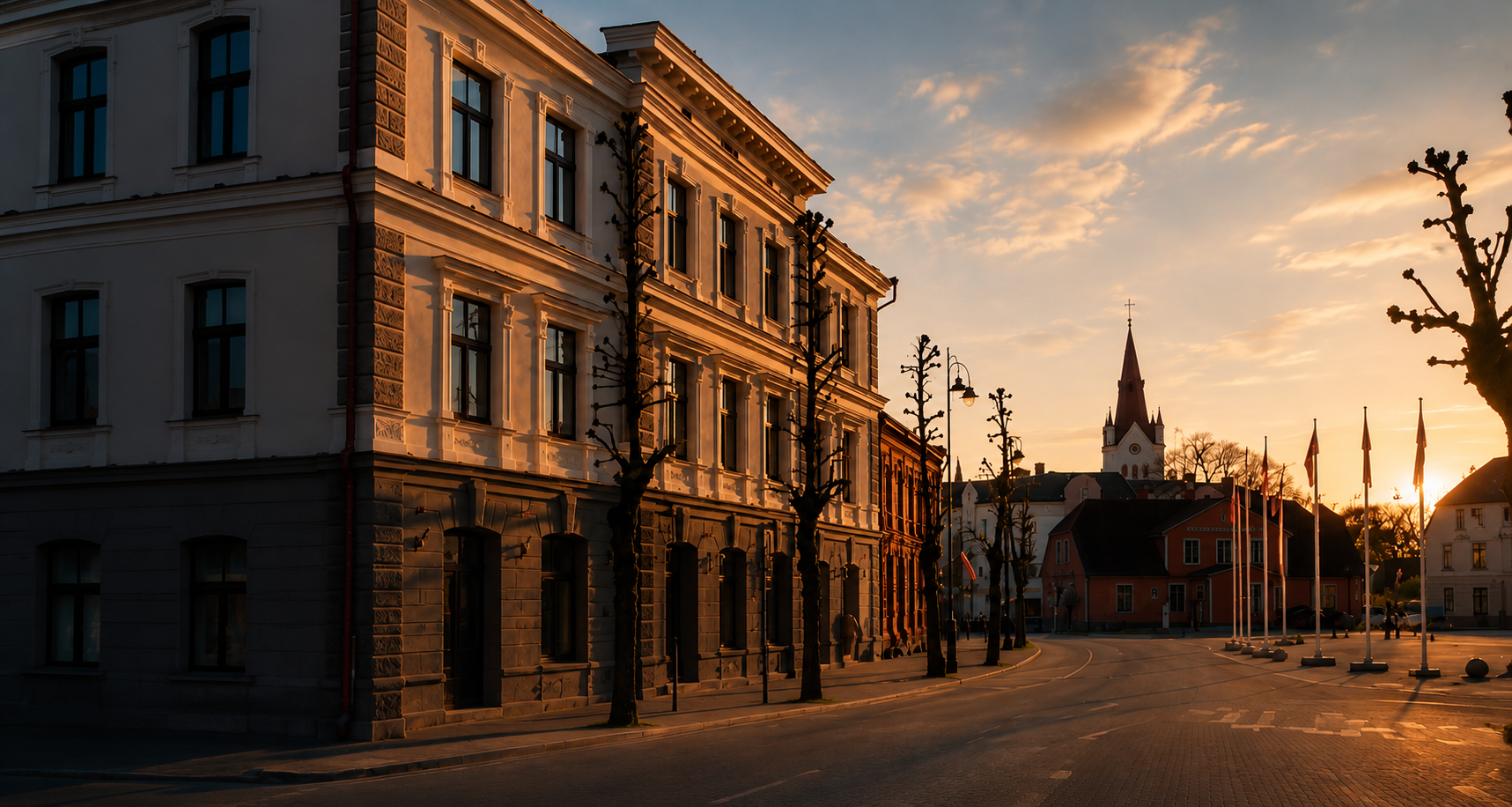 Centra Nams ēka Cēsu centrā saulrietā